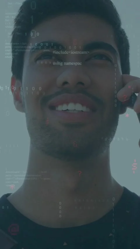 Vertical video: Man lifting phone to ear, closing in with code overlay and Stock Footage 329934563