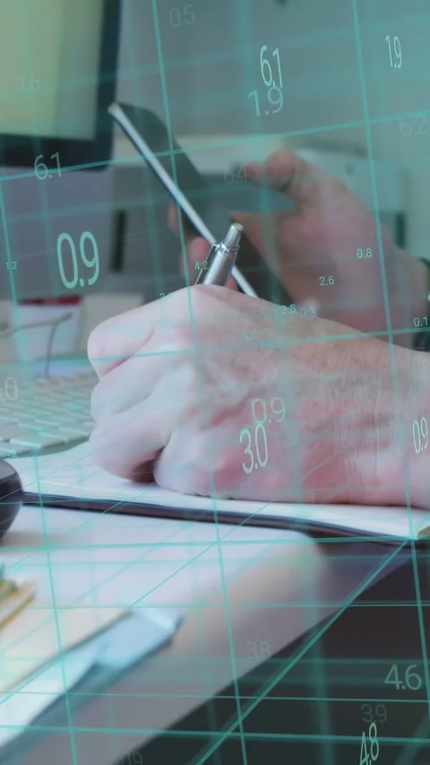 Vertical video: Man lifting phone, tapping while holding pen for business notes, Stock Footage 335802581