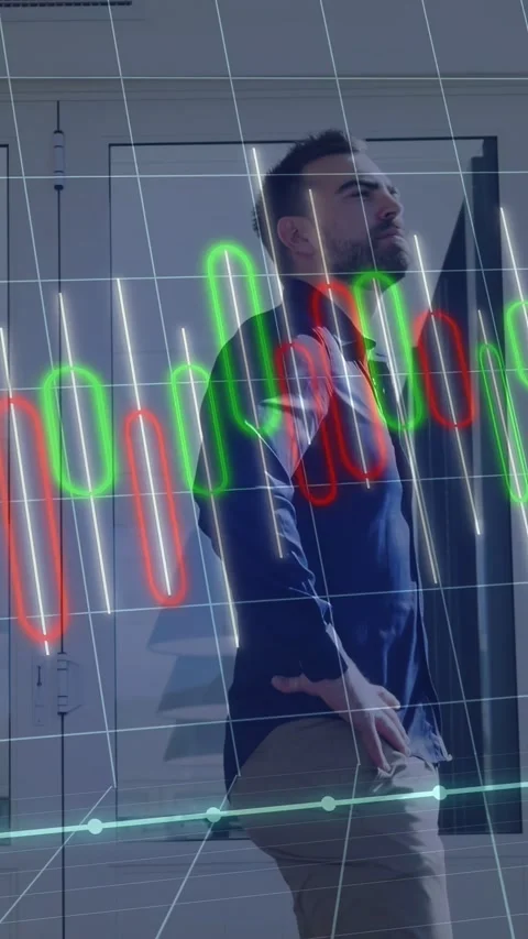 Vertical video: Man looking up, camera zooming chart overlay matching torso Stock Footage 335513191