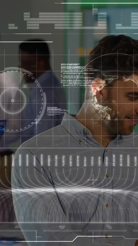 Vertical video: Man looking down raising head as HUD globe shifting over face, Stock Footage 331274410