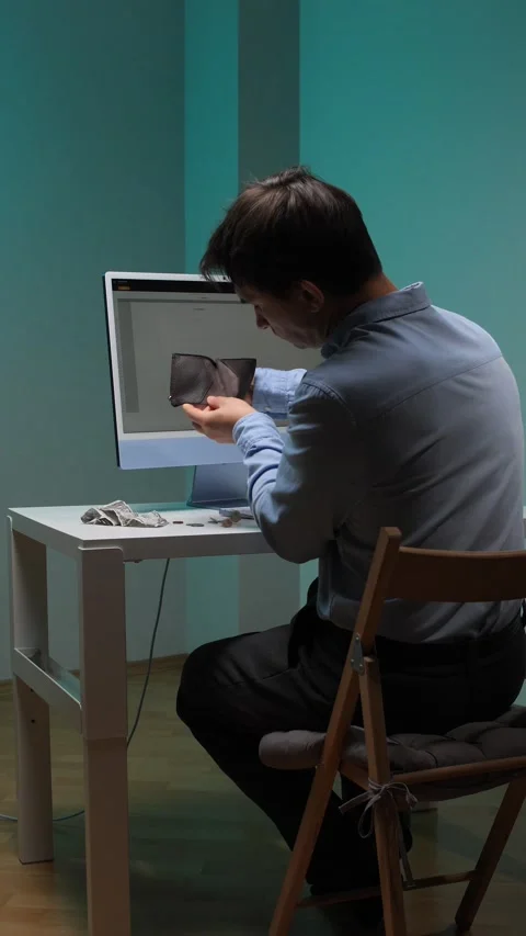 Vertical video man looking into his empty wallet at a computer desk Stock Footage 344605733