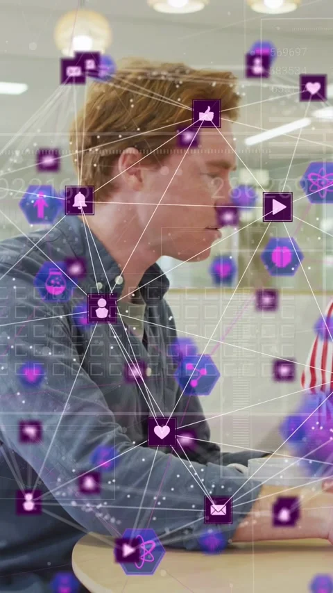 Vertical video: Man looking up as peer gesture causing pause, purple icons Stock Footage 332846482