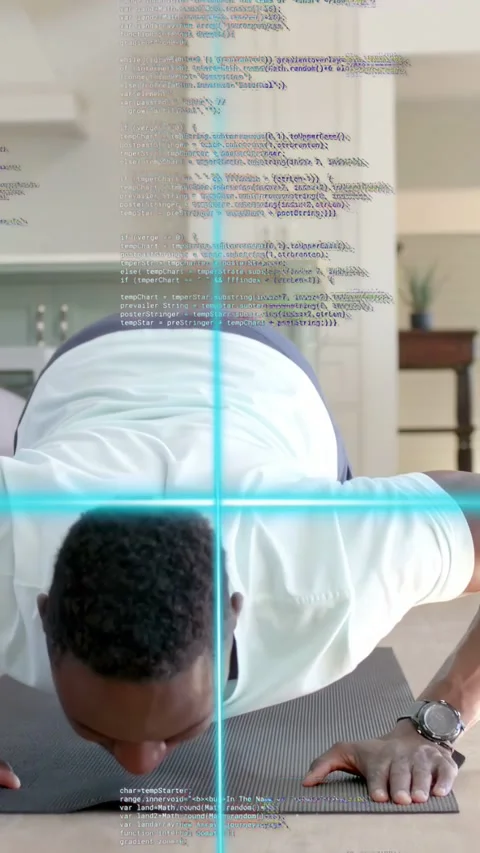 Vertical video: Man lowering chest then pushing up as teal code overlay tracking Stock Footage 333658223