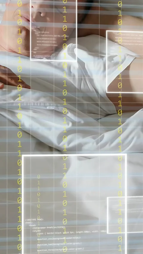 Vertical video: Man lying on bed moving sheet, revealing face while HUD grid Stock Footage 337543361