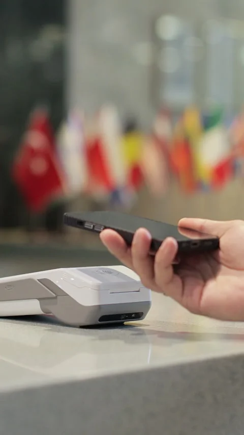 Vertical Video Man makes nfc payment with mobile phone at pos terminal Stock Footage 315119010