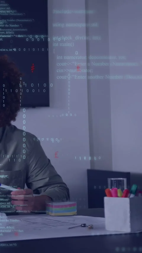 Vertical video: Man marking plans for design after reading while code overlay Stock Footage 333236175