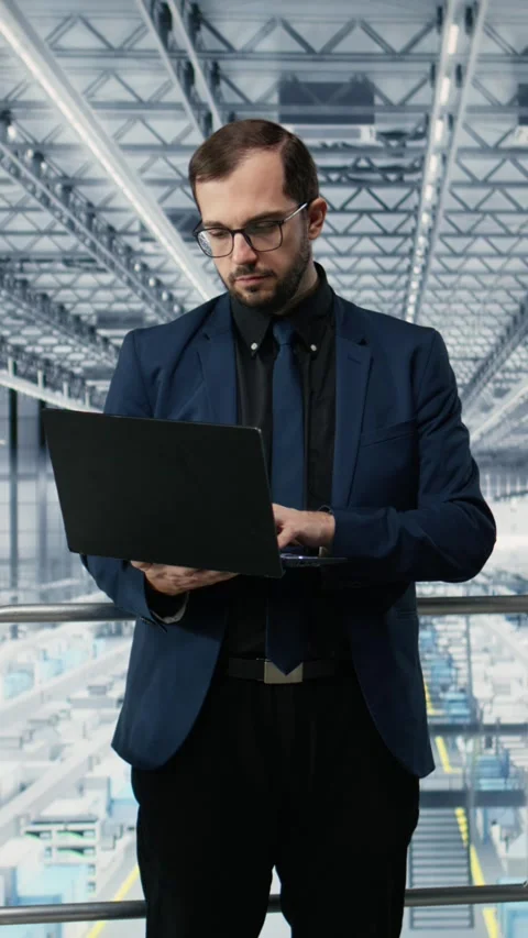 Vertical video Man in microchip production plant thinking how to innovate Stock Footage 333614048