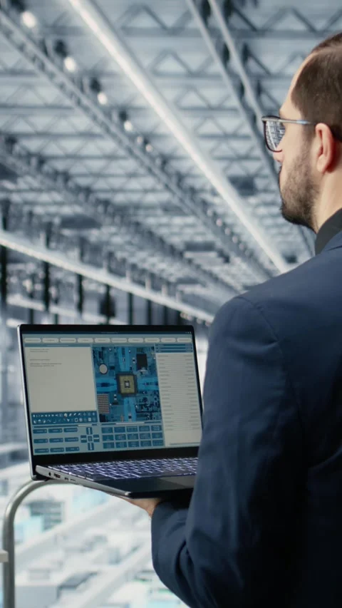 Vertical video Man in microchip smart factory using MES software simulation app Stock Footage 333614030