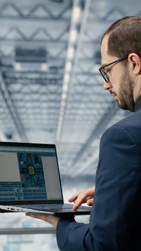 Vertical video Man in microchip smart factory using MES software simulation app Stock Footage 333614402