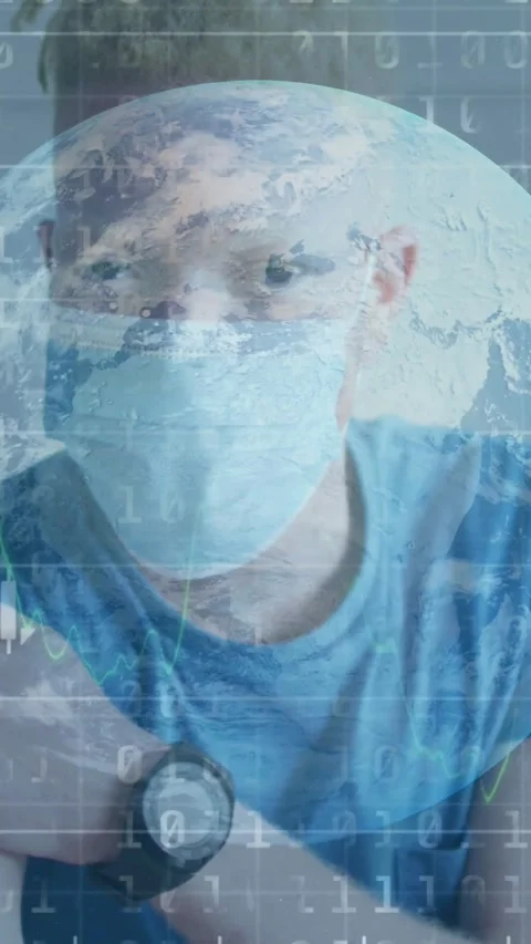 Vertical video: Man moving hand toward chin and adjusting mask, globe and data Stock Footage 331046998