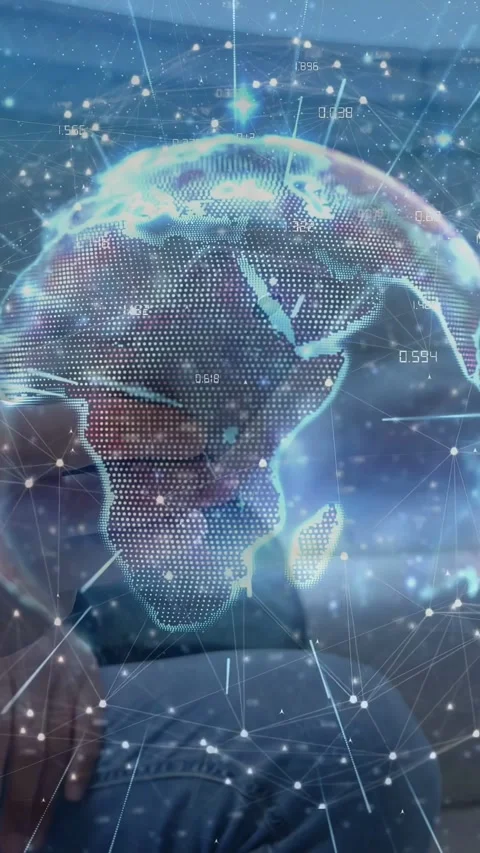 Vertical video: Man moving phone causing AR tech globe rotating Africa-to-Asia Stock Footage 340133272