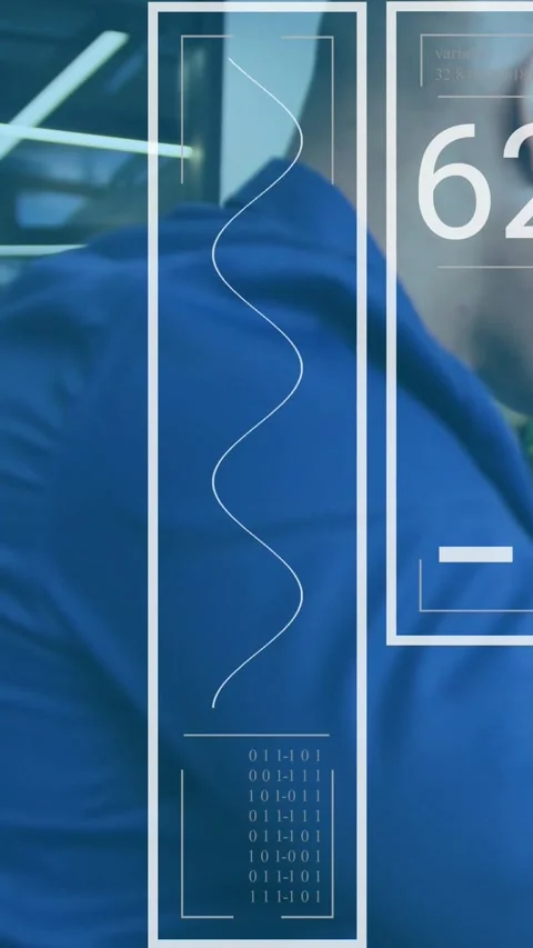 Vertical video: Man moving profile as data updating HUD, cycling numerals, wave Stock Footage 331167059
