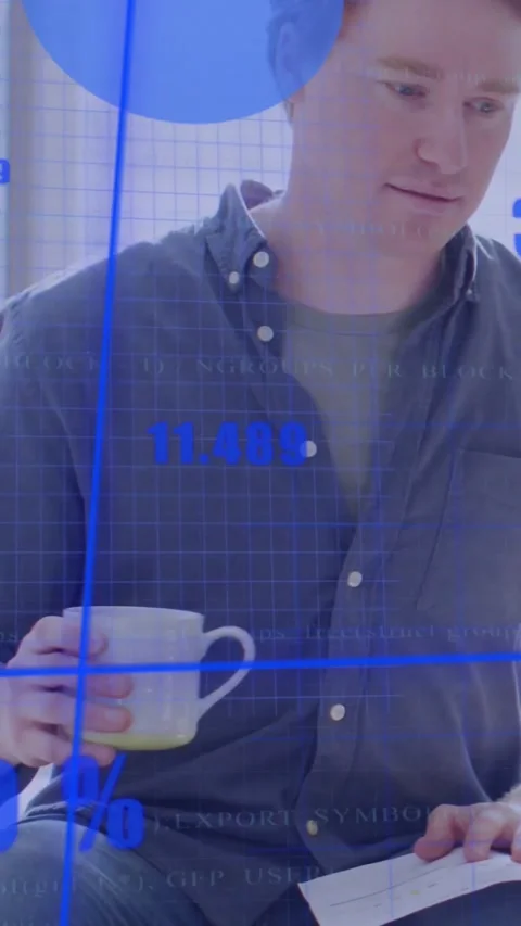 Vertical video: Man with mug looking down causing data overlay updating bars, Stock Footage 330189575