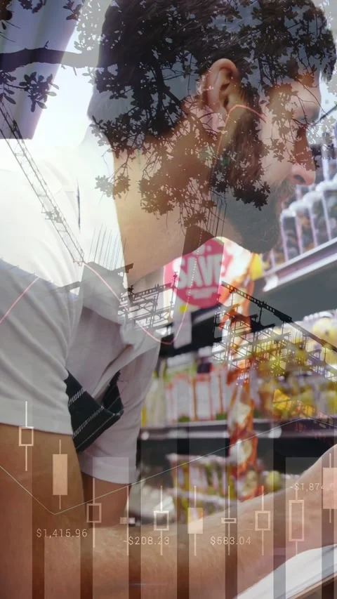 Vertical video: Man noting on pad as checking shelves for stock after SAVE sign Stock Footage 333006399