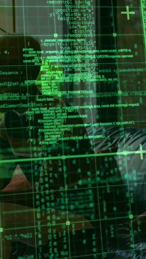 Vertical video: Man nudging device, causing code grid to slide and reveal Video stock 331337340