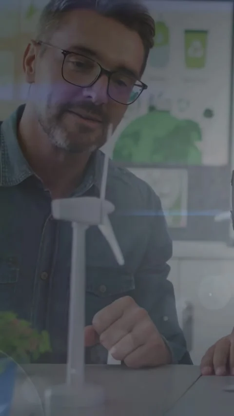 Vertical video: Man nudging tabletop wind turbine blades after child pointing Video stock 332507076