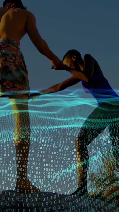 Vertical video: Man offering hand to woman, pulling up rocky ledge, tech wave Stock Footage 331383450