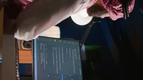 Vertical video Man in office writing complex code Video stock 254917778