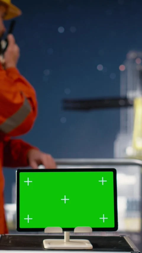 Vertical video Man on offshore platform uses green screen tablet to manage oil Stock Footage 339890878