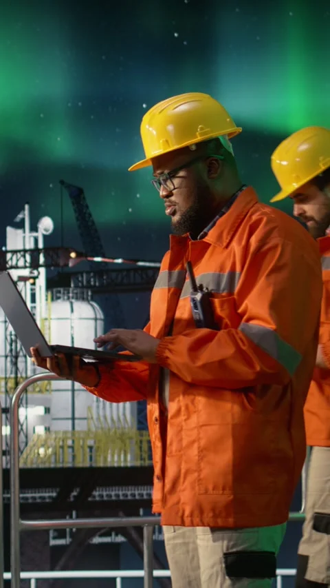 Vertical video Man on offshore rig reviewing maritime security incidents with Stock Footage 339887165