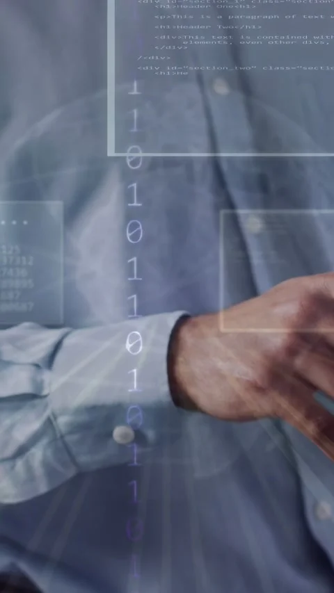 Vertical video: Man opening and pointing while UI fading in and holo code Stock Footage 334917105