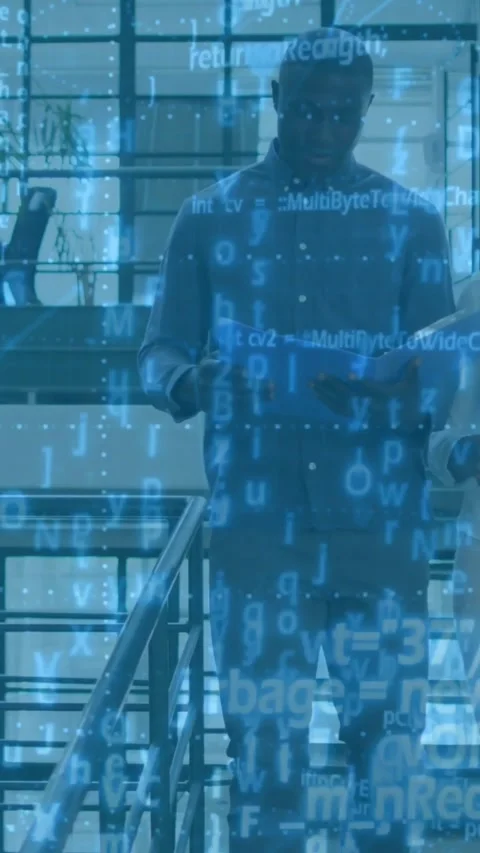 Vertical video: Man opening blue folder and reading on landing, code overlay Stock Footage 330858505