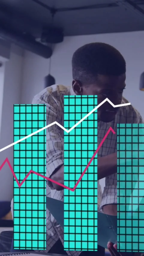 Vertical video: Man opening blue folder and pointing, bar charts rising Stock Footage 331128613