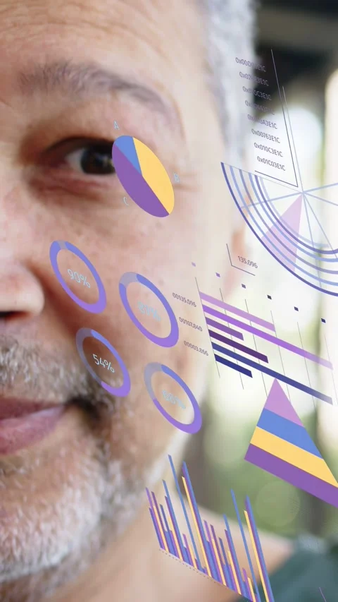 Vertical video: Man opening eye and shifting gaze, engaging AR data analytics Stock Footage 333862343