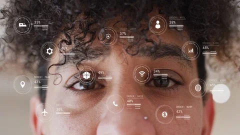 Vertical video: Man opening eyes, causing AR icons growing and aligning around Stock Footage 333004838