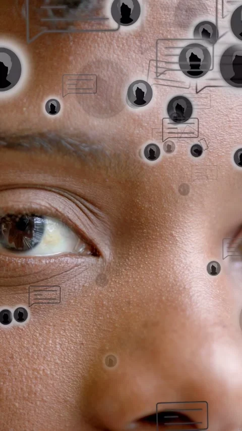 Vertical video: Man opening eyes and glancing, avatars and chat bubbles tracking Stock Footage 340133535