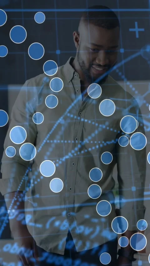 Vertical video: Man overlay emerging over him, shifting and gesturing at graphs Stock Footage 329961733