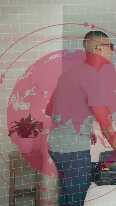 Vertical video: Man packing case for travel opening case, UI shifting map rings Stock Footage 333896368