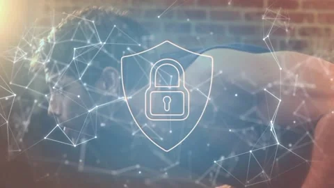 Vertical video: Man placing hands and training pushups, tech nodes and padlock Stock Footage 330540689