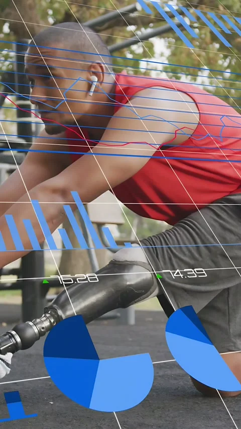 Vertical video: Man placing hands on bar, causing charts, aligning prosthesis Stock Footage 333650281