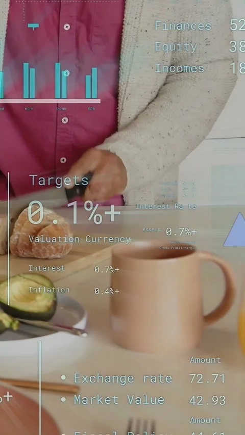 Vertical video: Man placing jar loaf then slicing bread while finance charts Stock Footage 333109601