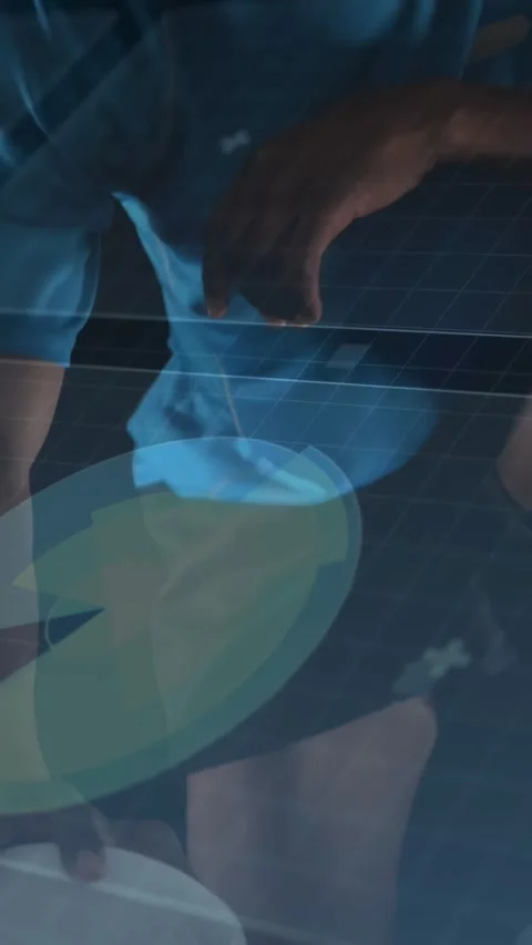 Vertical video: Man placing right hand on holo disk, rotating segments and Stock Footage 330655445