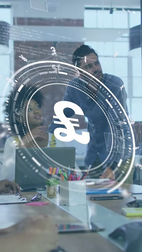 Vertical video: Man pointing, causing pound finance overlay, team leaning over Stock Footage 335355623