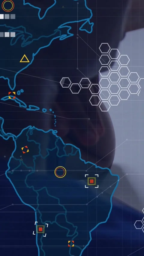 Vertical video: Man pointing at glass causing tech map zoom aligning hex over 動画素材 328398096