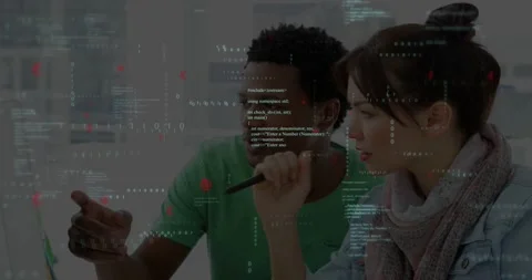 Vertical video: Man pointing laptop triggers woman tapping pen, code overlay Stock Footage 331227441