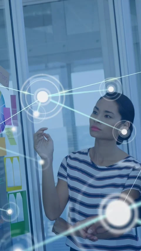 Vertical video: Man pointing, nudging woman studying board, HUD growing, linking Video stock 330359054