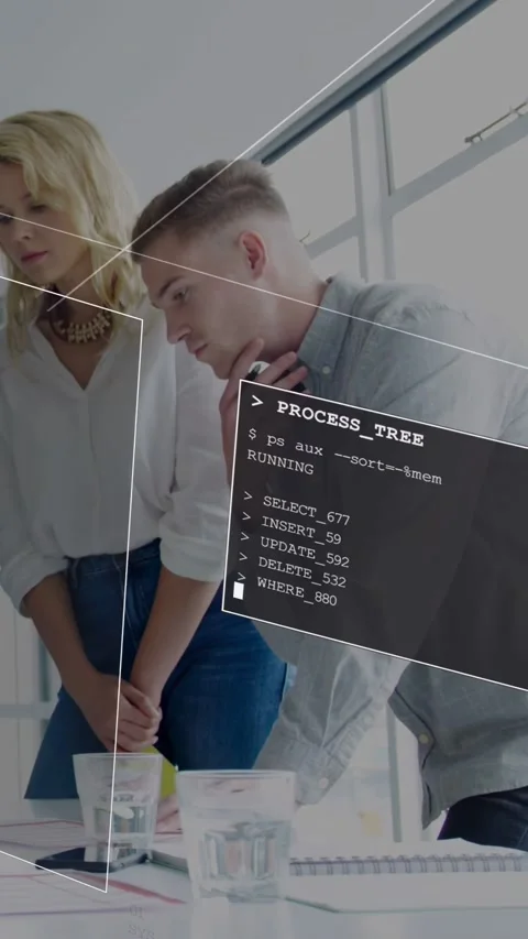 Vertical video: Man pointing pen and activating PROCESS_TREE HUD, team reviewing Stock Footage 337582087