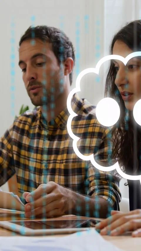 Vertical video: Man pointing, starting chat and 01 flow across table, pair Stock Footage 333556327