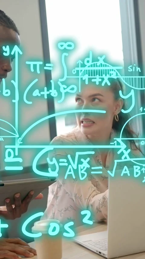 Vertical video: Man pointing tablet causing teal math overlay while woman using Stock Footage 334704976