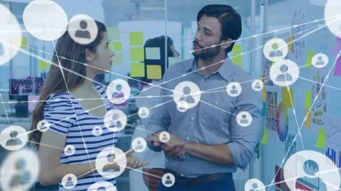 Vertical video: Man pointing wall starting talk, woman nudging Post-its, icons Video stock 332296666