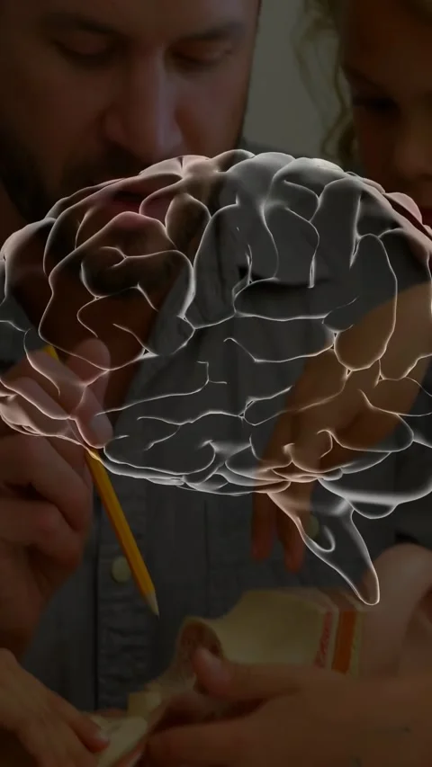Vertical video: Man pointing yellow pencil guiding kids with skull as 3D brain Stock Footage 328398420