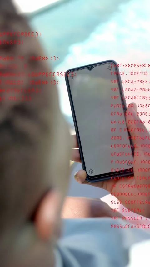 Vertical video: Man by pool lifting phone causing red tech column overlaying Stock Footage 333487237