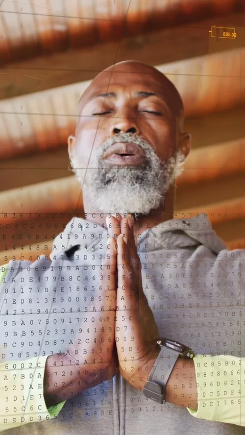 Vertical video: Man praying, breathing, watch activating matrix and rising Stock Footage 334297266