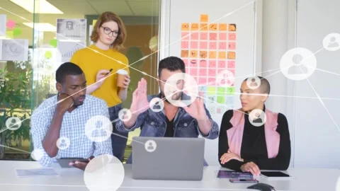 Vertical video: Man presenting framing gestures starting network nodes above PC Stock Footage 333211504