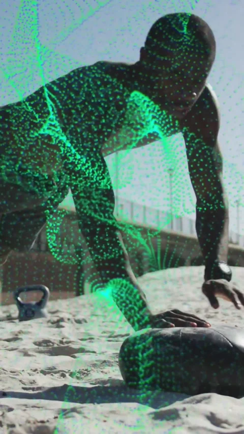 Vertical video: Man pressing weight bag, doing pushups while green dots mapping Stock Footage 330655800
