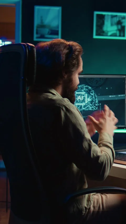 Vertical video Man programing sentient artificial intelligence, creation myth Stock Footage 267159531